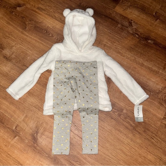 NWT Carter's 2T Toddler Girl White Bear Sherpa Hoodie & Gray Gold Heart Leggings - Picture 2 of 16